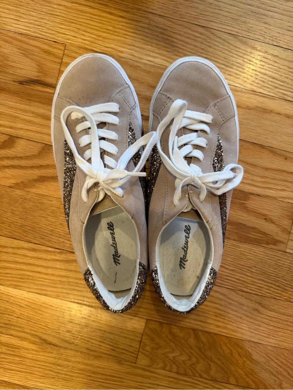 Madewell Beige Suede Sneakers with Glitter Side Stripe